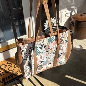 Relic Tan Tote with Floral Panel and Green Accents
